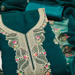 Green Georgette Dress Material Adorned With Floral Embroidery & Elegant Lace Border