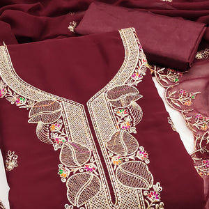 Maroon Georgette Dress Material Adorned With Floral Embroidery & Elegant Lace Border