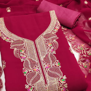 Rani Pink Georgette Dress Material Adorned With Floral Embroidery & Elegant Lace Border