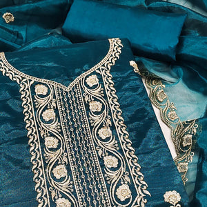 Blue Delight Floral  Embroidered Twill Net Dress Material