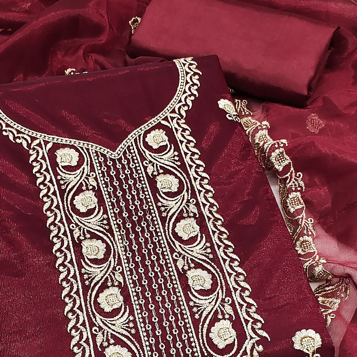 Maroon Delight Floral Embroidered Twill Net Dress Material