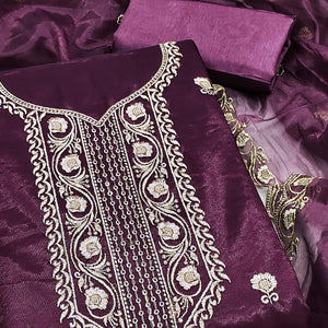 Wine Delight Floral Embroidered Twill Net Dress Material