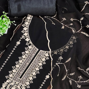Black Georgette Unstitched Dress Material Adorned with Ornate Thread Embroidery