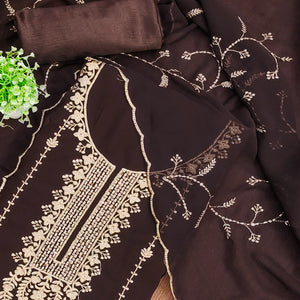 Coffee Brown Georgette Unstitched Dress Material Adorned with Ornate Thread Embroidery