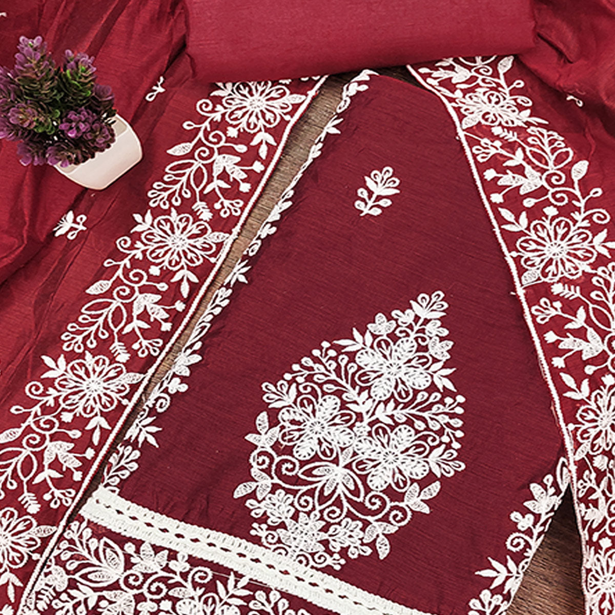 Maroon Chanderi Cotton Dress Material With Graceful Floral Thread Embroidery