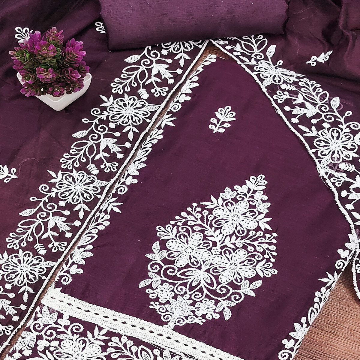 Wine Chanderi Cotton Dress Material With Graceful Floral Thread Embroidery