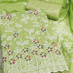 Light Green Chanderi Cotton Dress Material Adorned With Elegant Floral Thread Embroidery Work