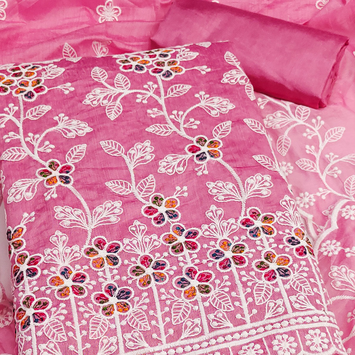 Pink Chanderi Cotton Dress Material Adorned With Elegant Floral Thread Embroidery Work