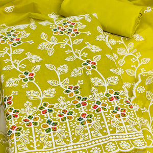 Parrot Green Chanderi Cotton Dress Material Adorned With Elegant Floral Thread Embroidery Work