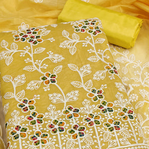 Yellow Chanderi Cotton Dress Material Adorned With Elegant Floral Thread Embroidery Work