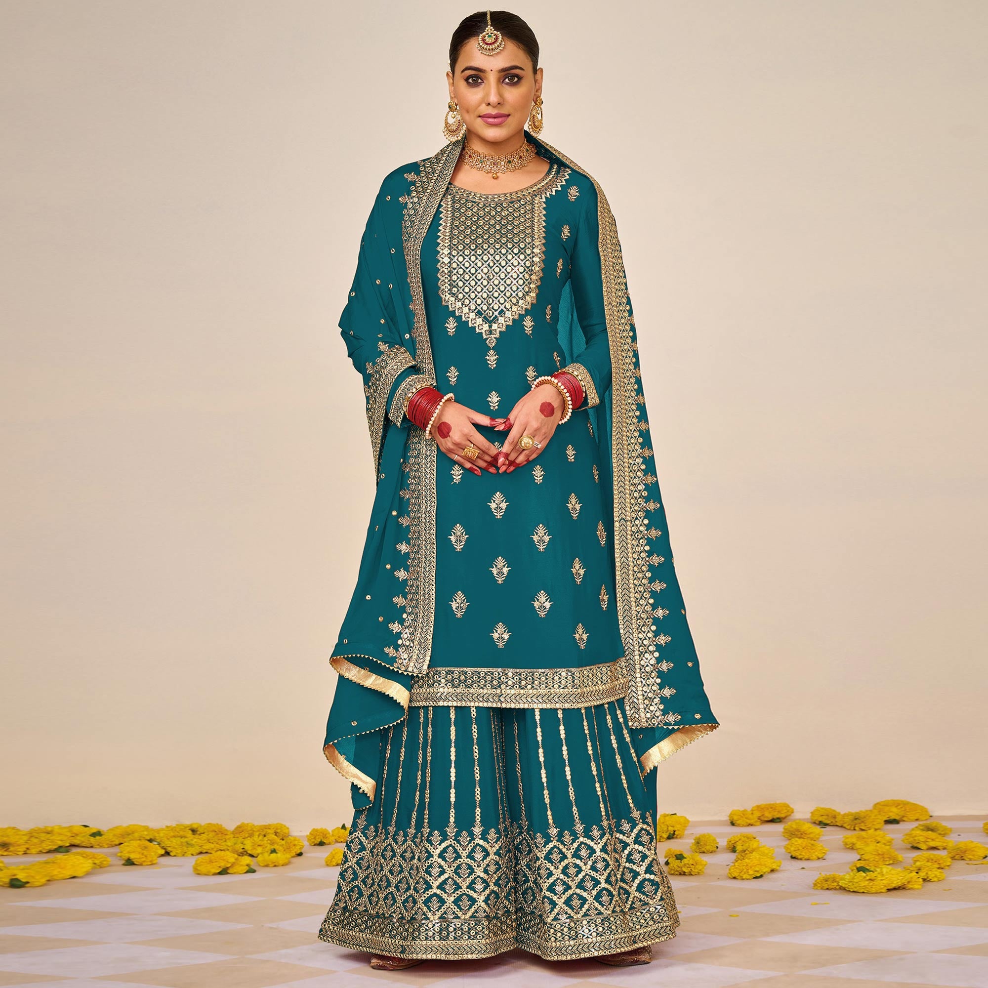 Teal Floral Embroidered Georgette Semi Stitched Dress Material