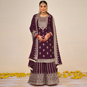 Wine Floral Embroidered Georgette Semi Stitched Dress Material