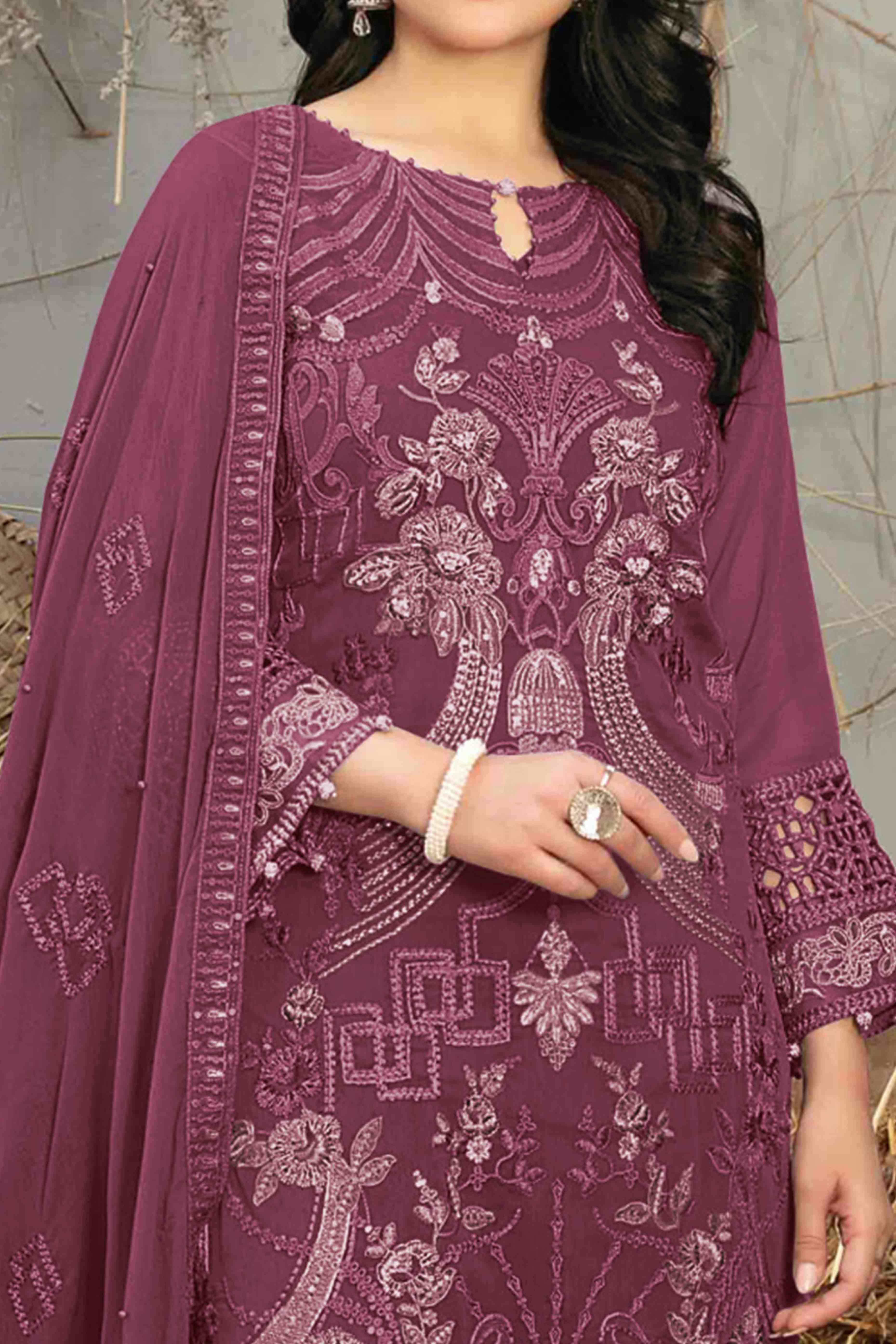 Wine Floral Embroidered Heavy Georgette Dress Material