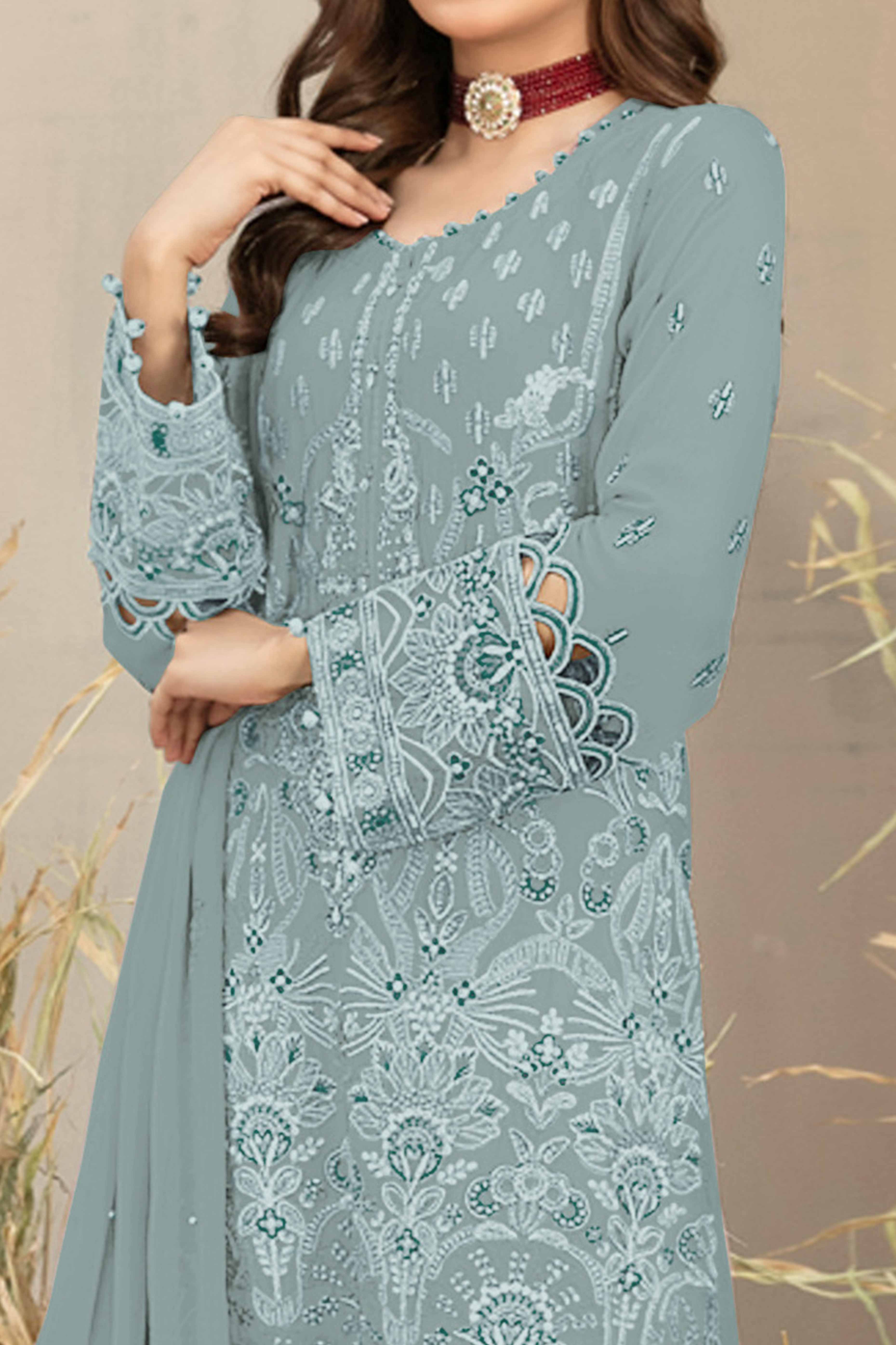 Sky Blue Floral Embroidered Heavy Georgette Dress Material