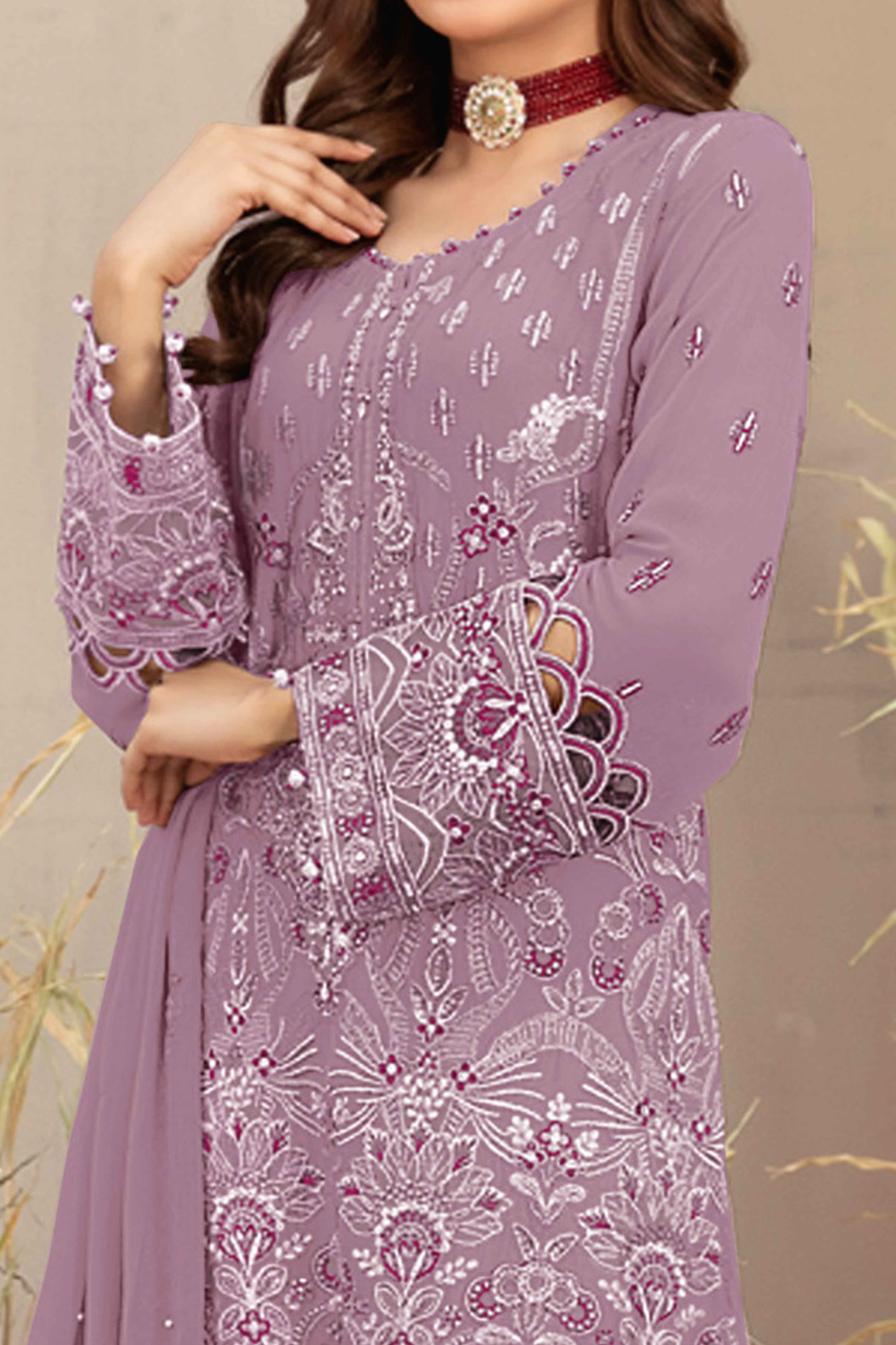 Purple Floral Embroidered Heavy Georgette Dress Material