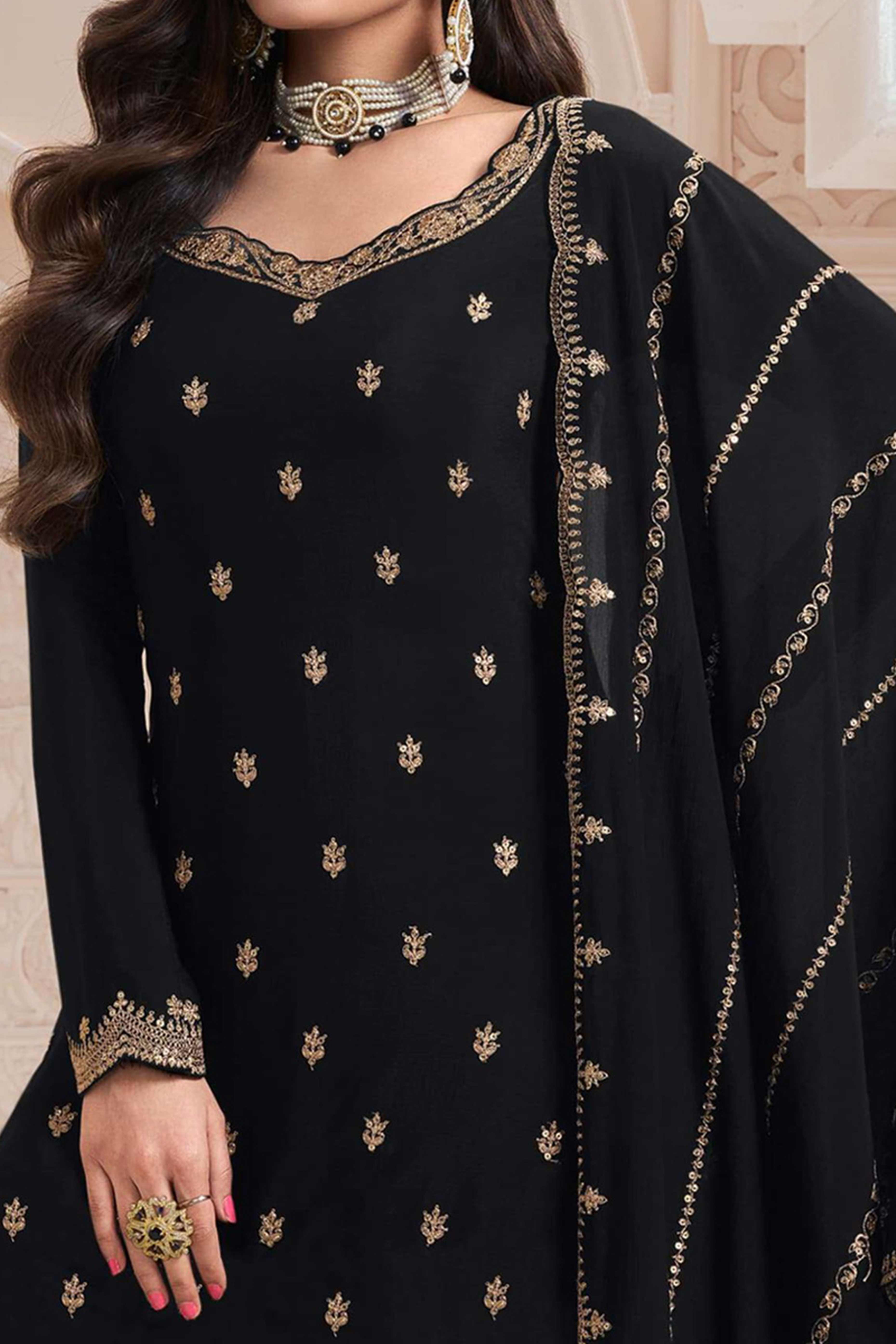 Black Floral Sequins Embroidered Chinon Palazzo Suit