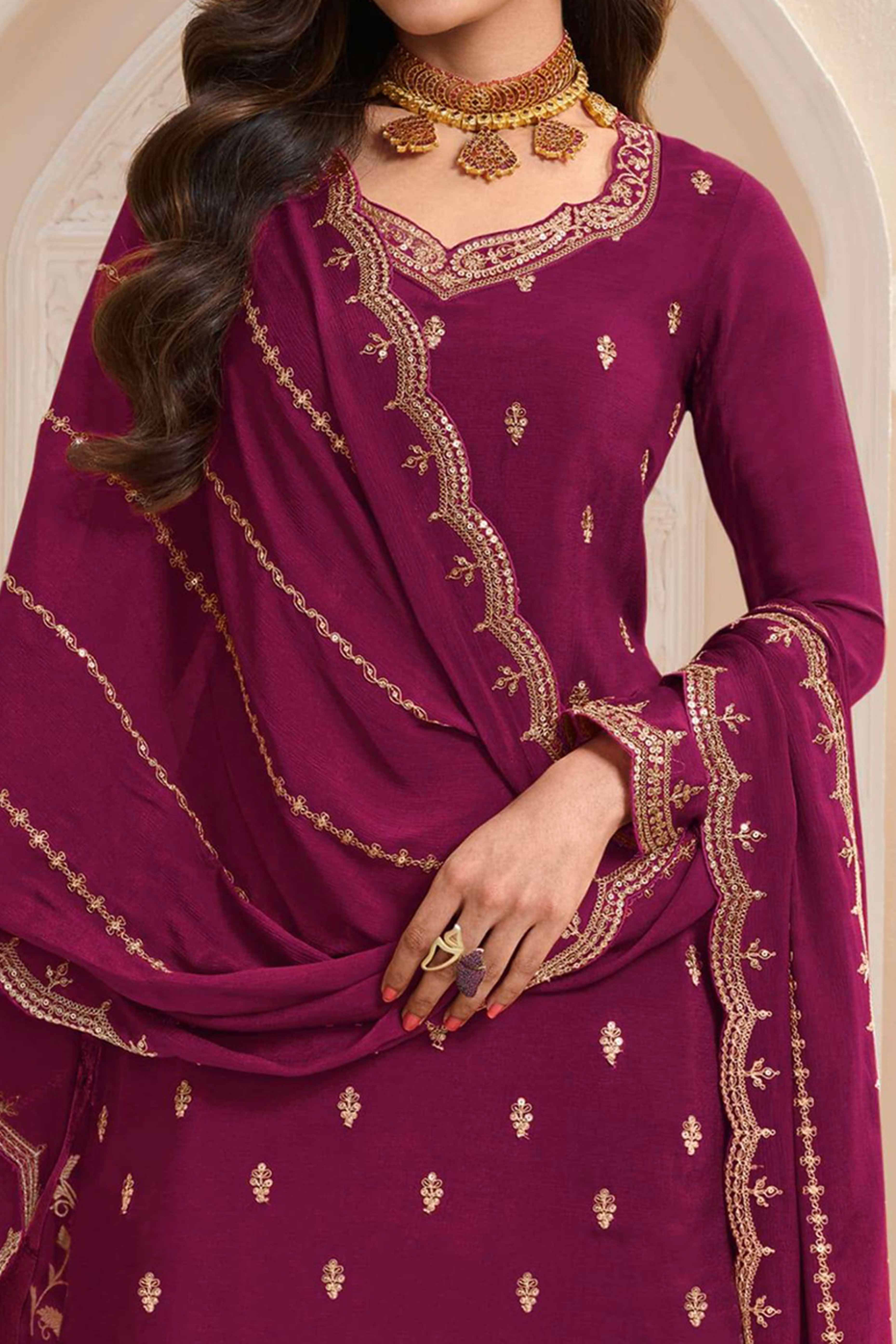 Dark Magenta Floral Sequins Embroidered Chinon Palazzo Suit