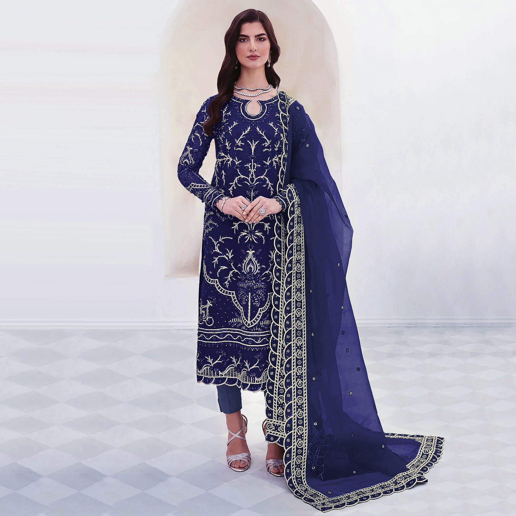 Navy Blue Sequins Embroidered Georgette Pakistani Suit