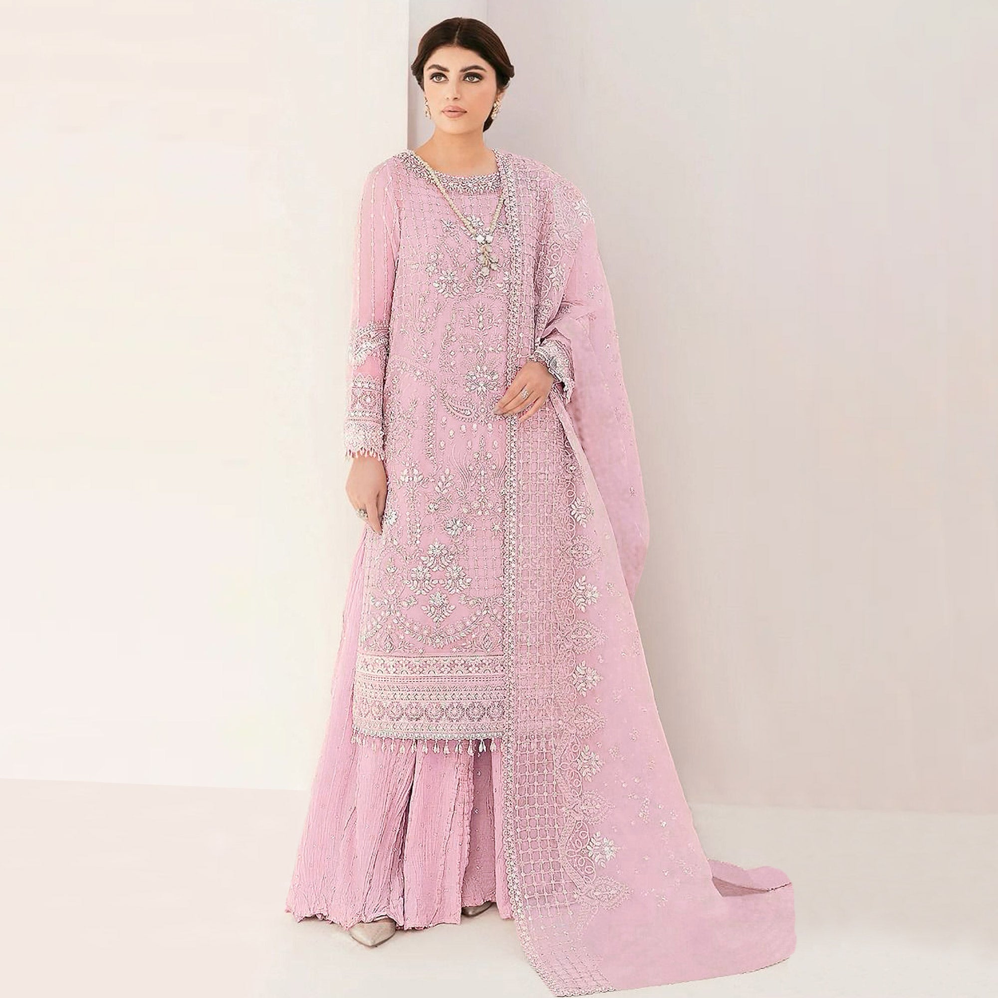 Pink Sequins Embroidered Georgette Sharara Suit