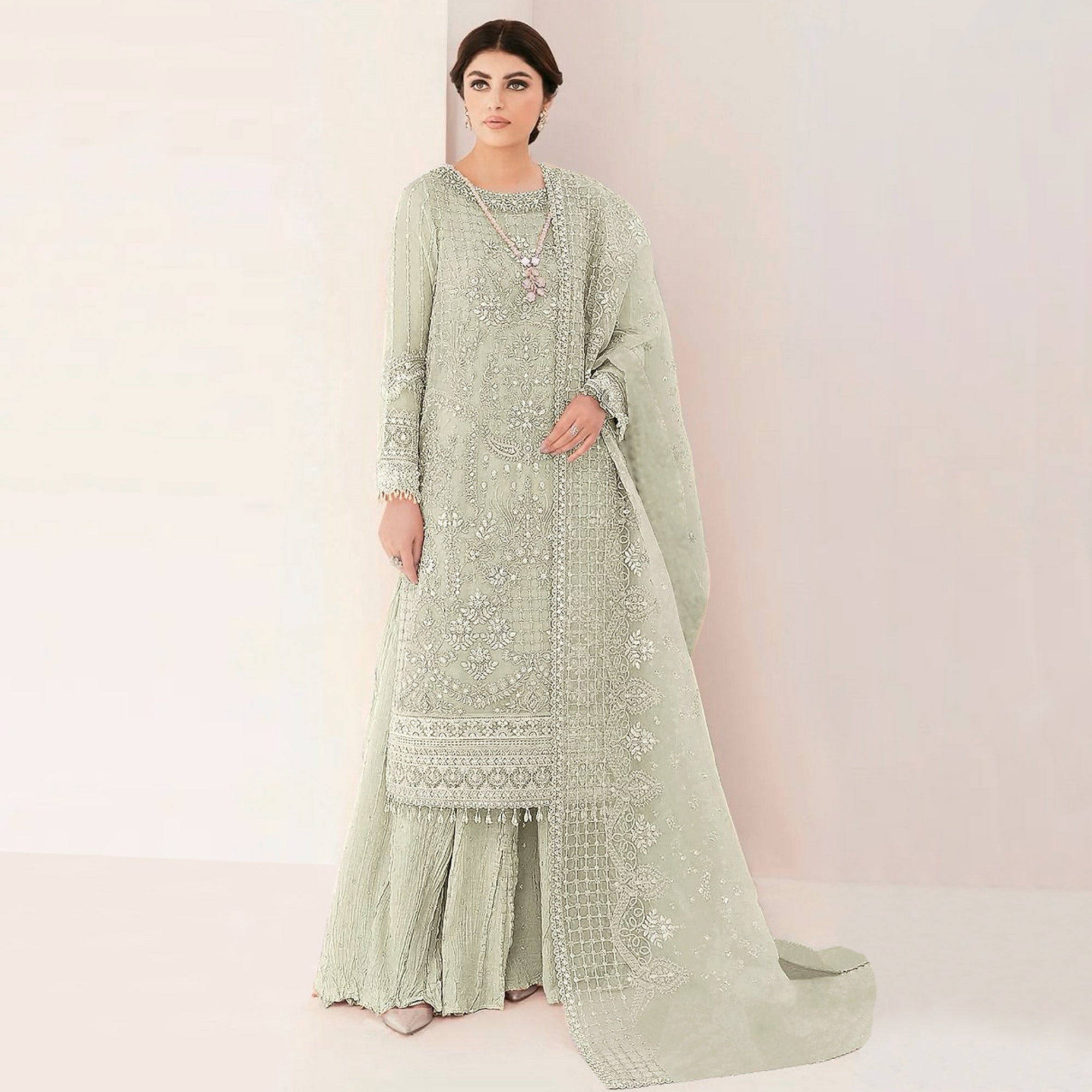 Green Sequins Embroidered Georgette Sharara Suit