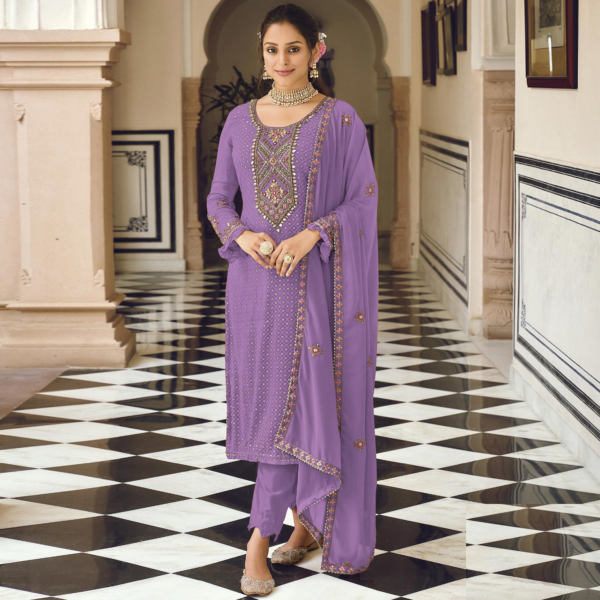 Purple Sequins Embroidered Georgette Semi Stitched Salwar Suit