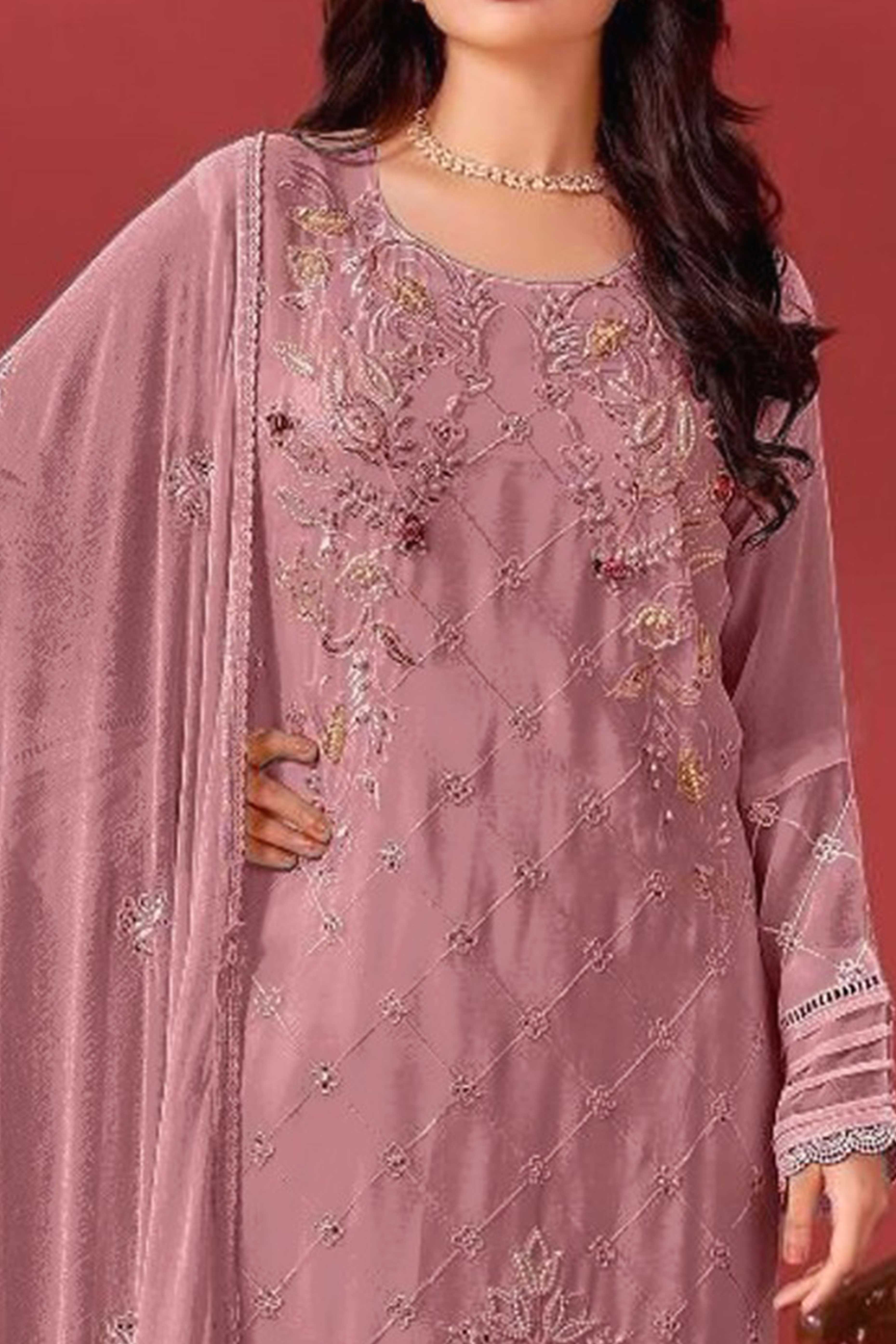 Mauve Heavy Embroidered Work Georgette Dress Material