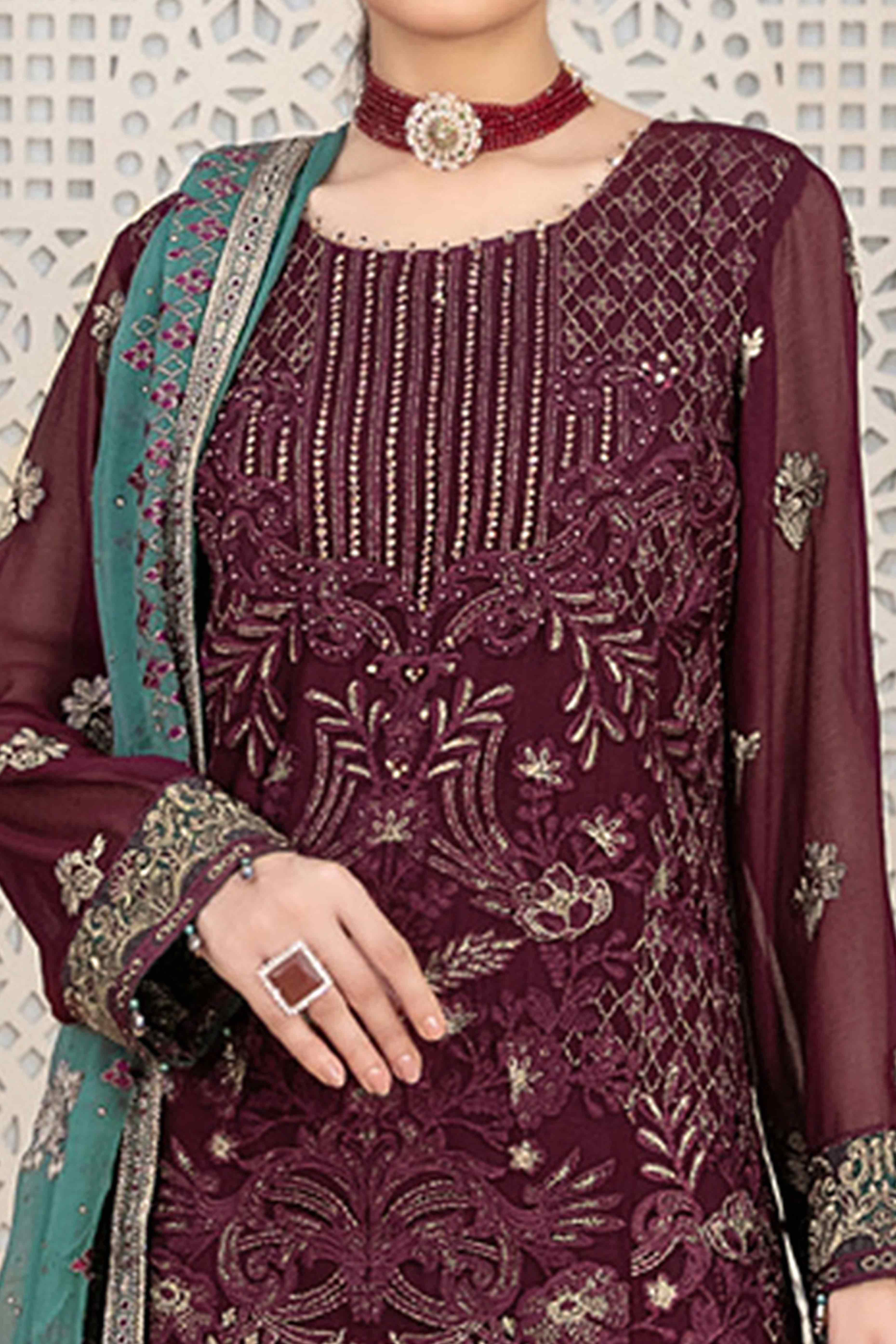 Wine Floral Embroidered Georgette Dress Material