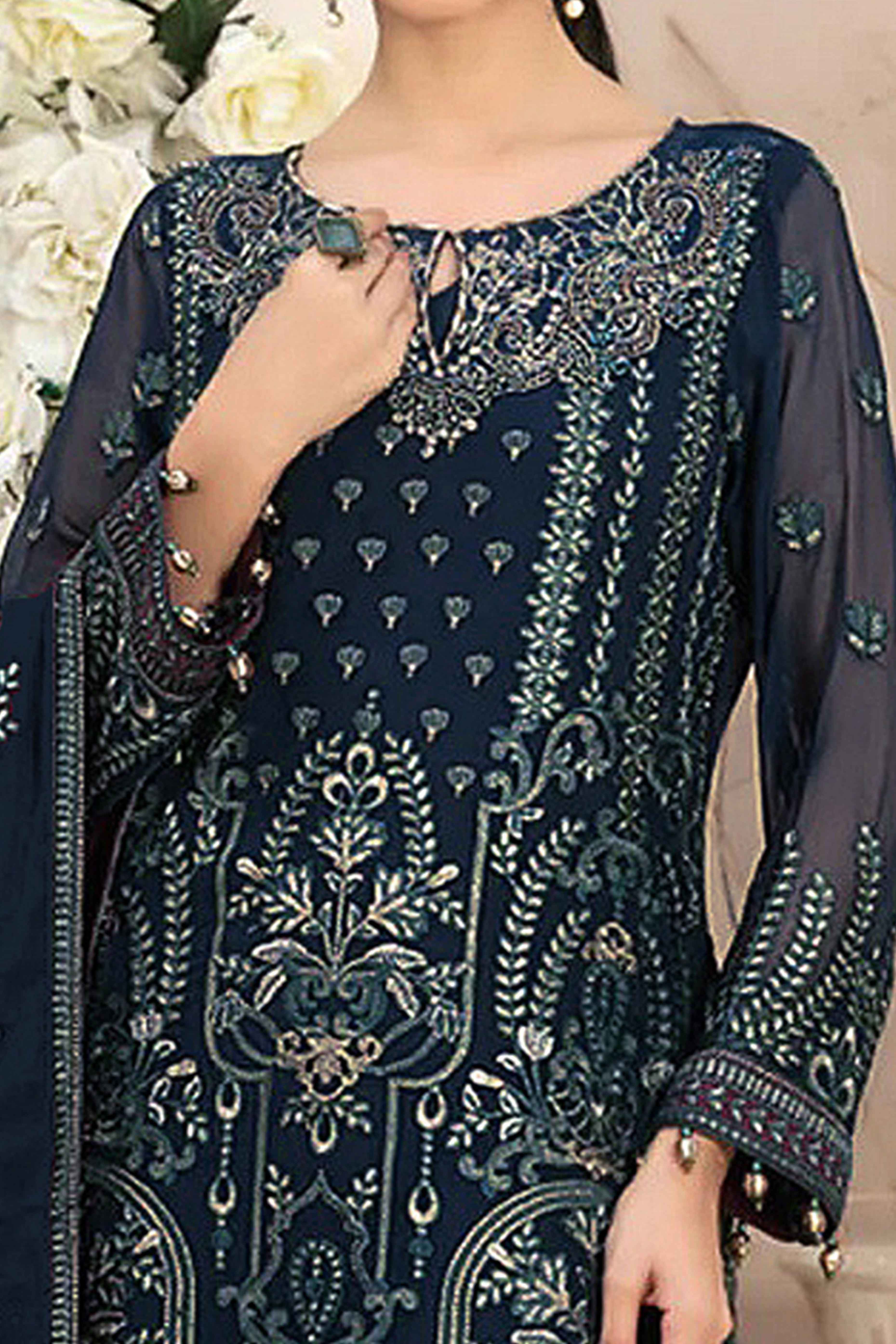 Dark Teal Floral Embroidered Georgette Dress Material