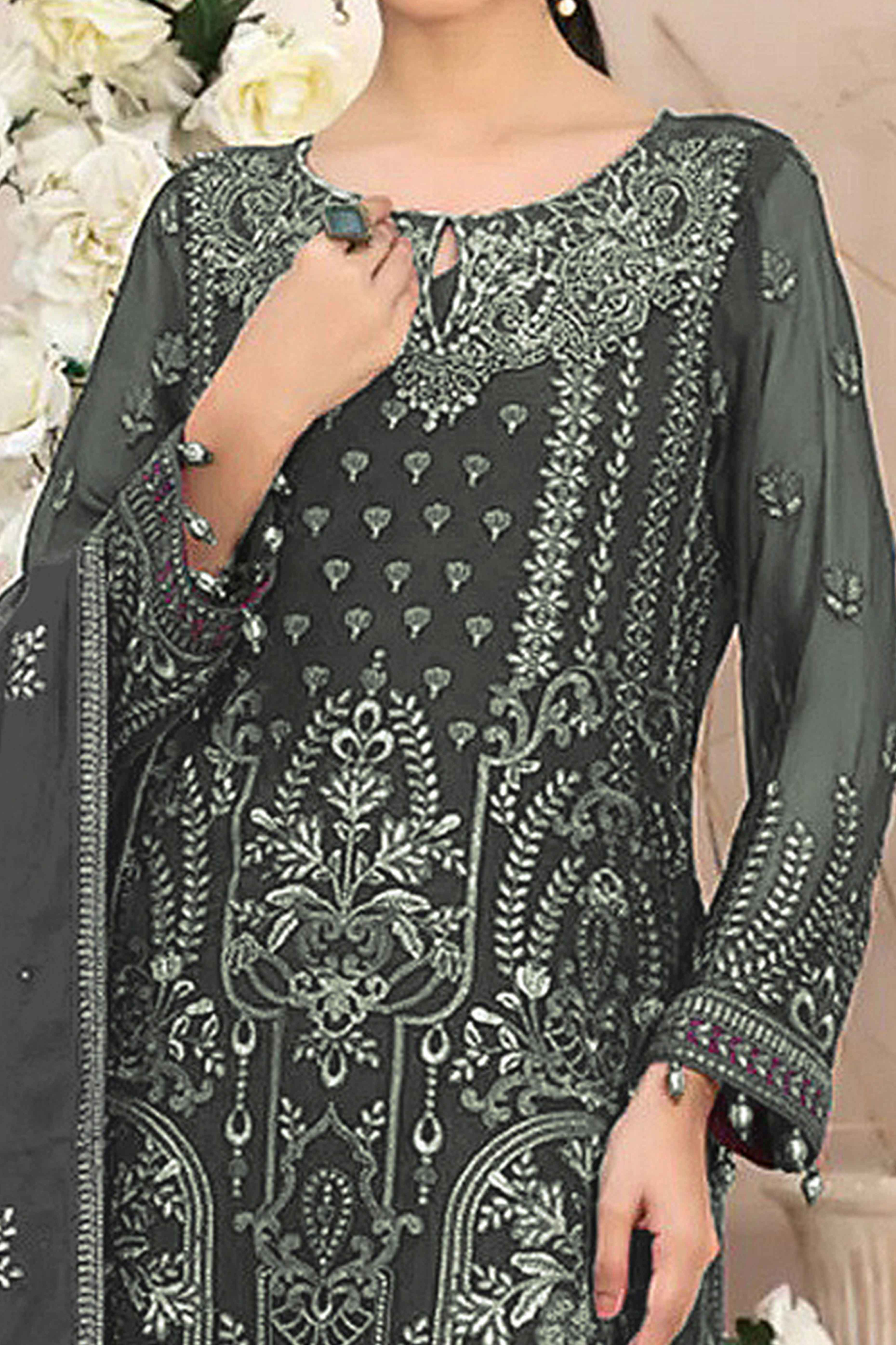 Charcoal Grey Floral Embroidered Georgette Dress Material