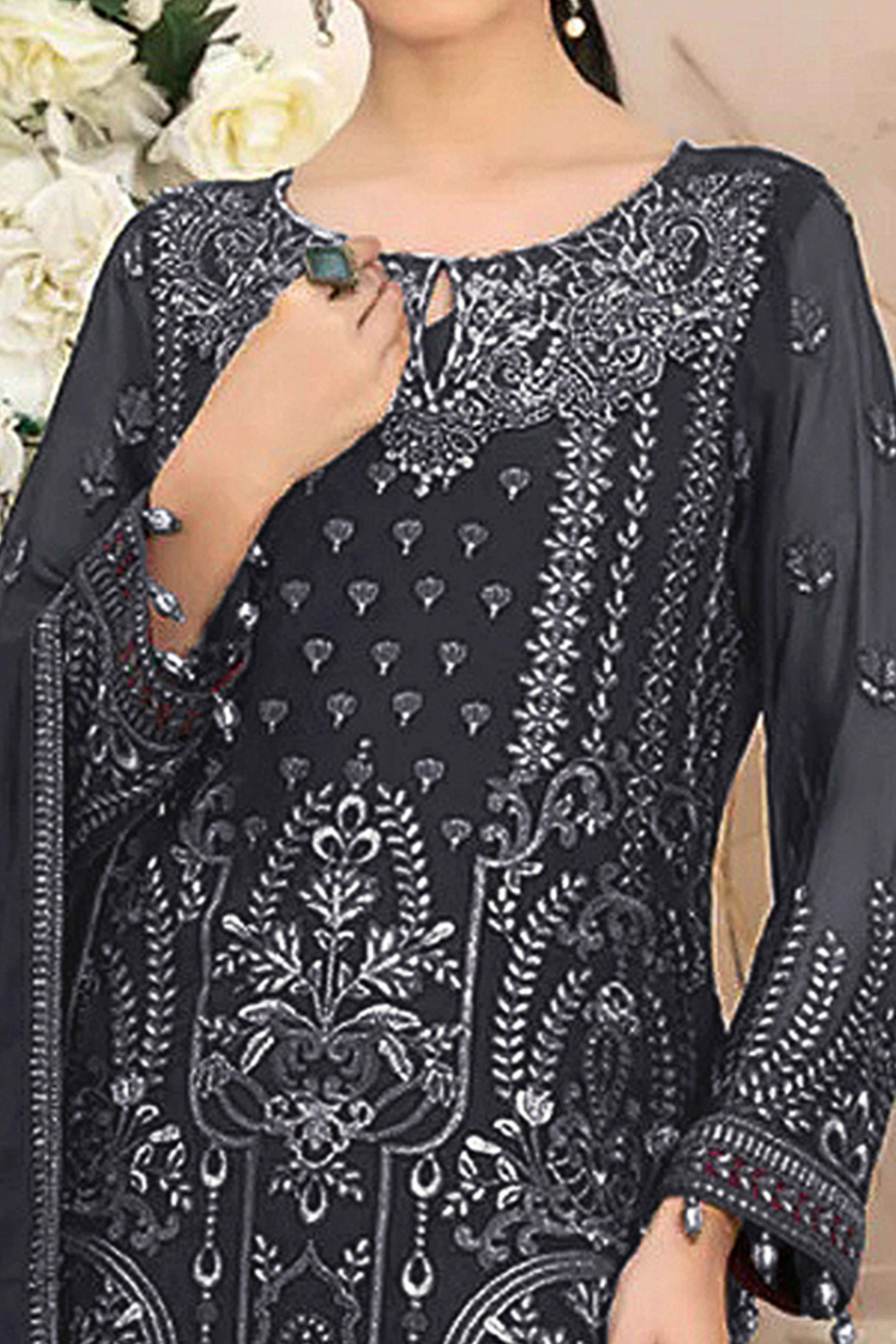 Dark Grey Floral Embroidered Georgette Dress Material