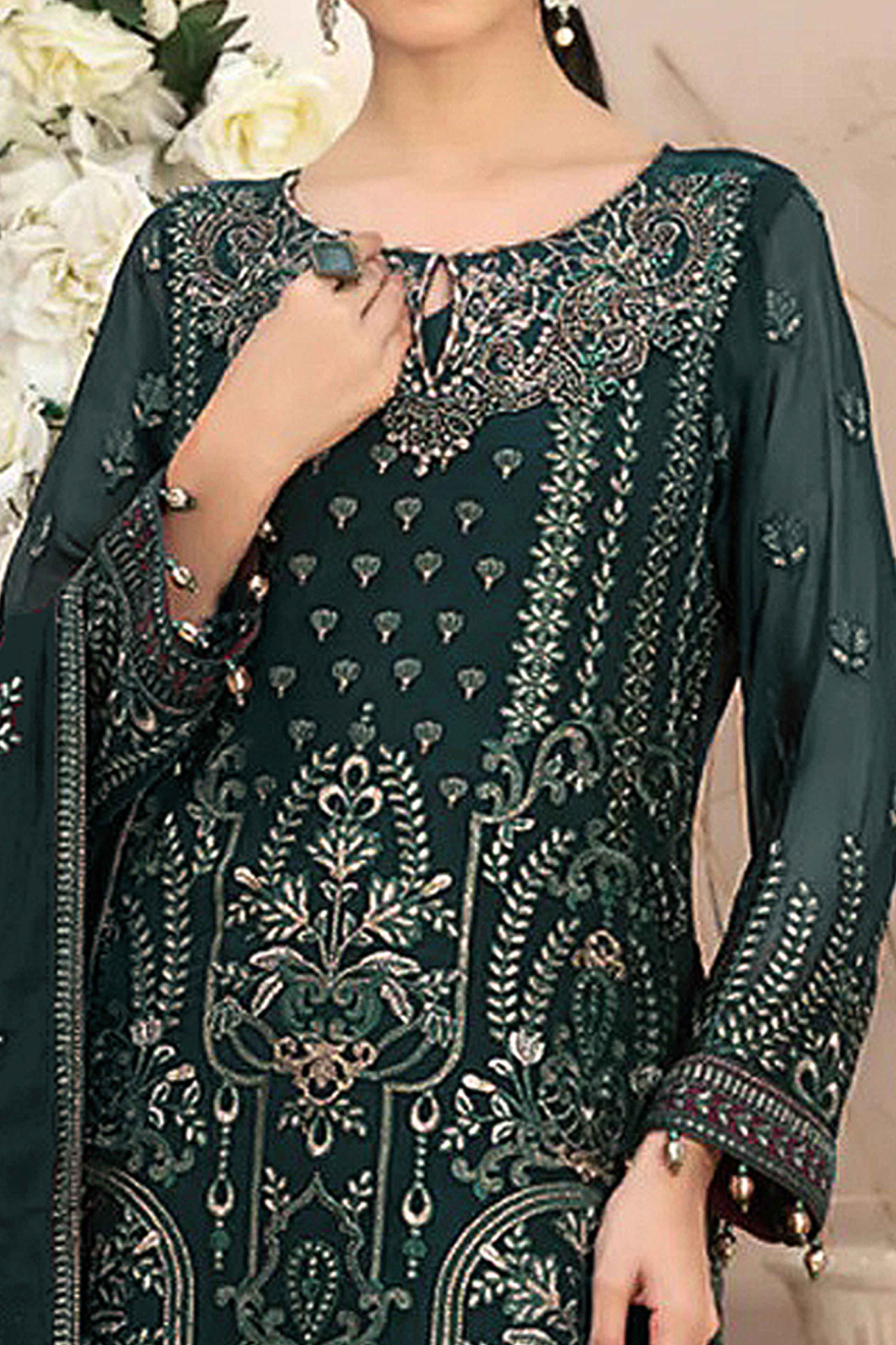 Morpich Green Floral Embroidered Georgette Dress Material