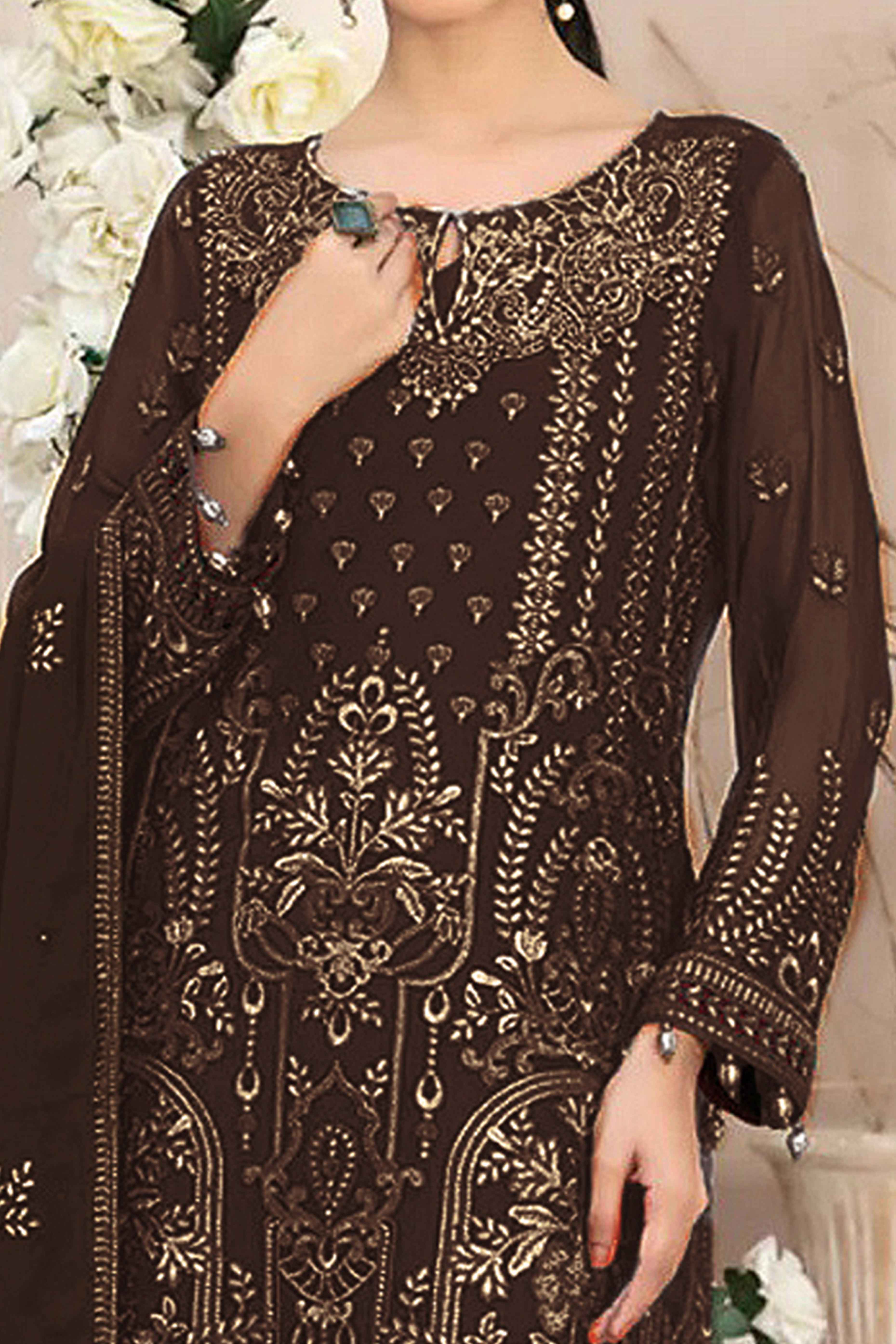 Dark Brown Floral Embroidered Georgette Dress Material