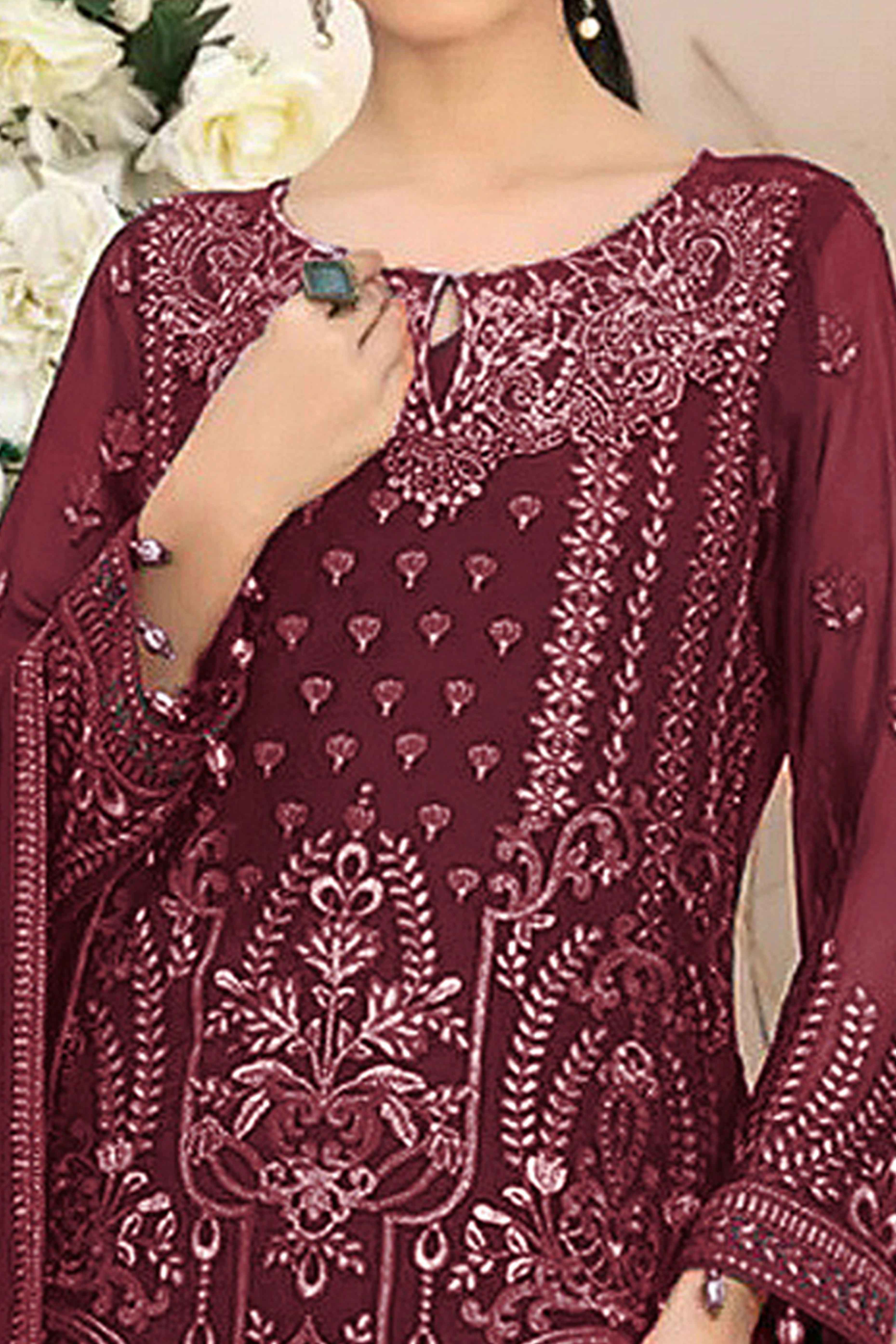Maroon Floral Embroidered Georgette Dress Material