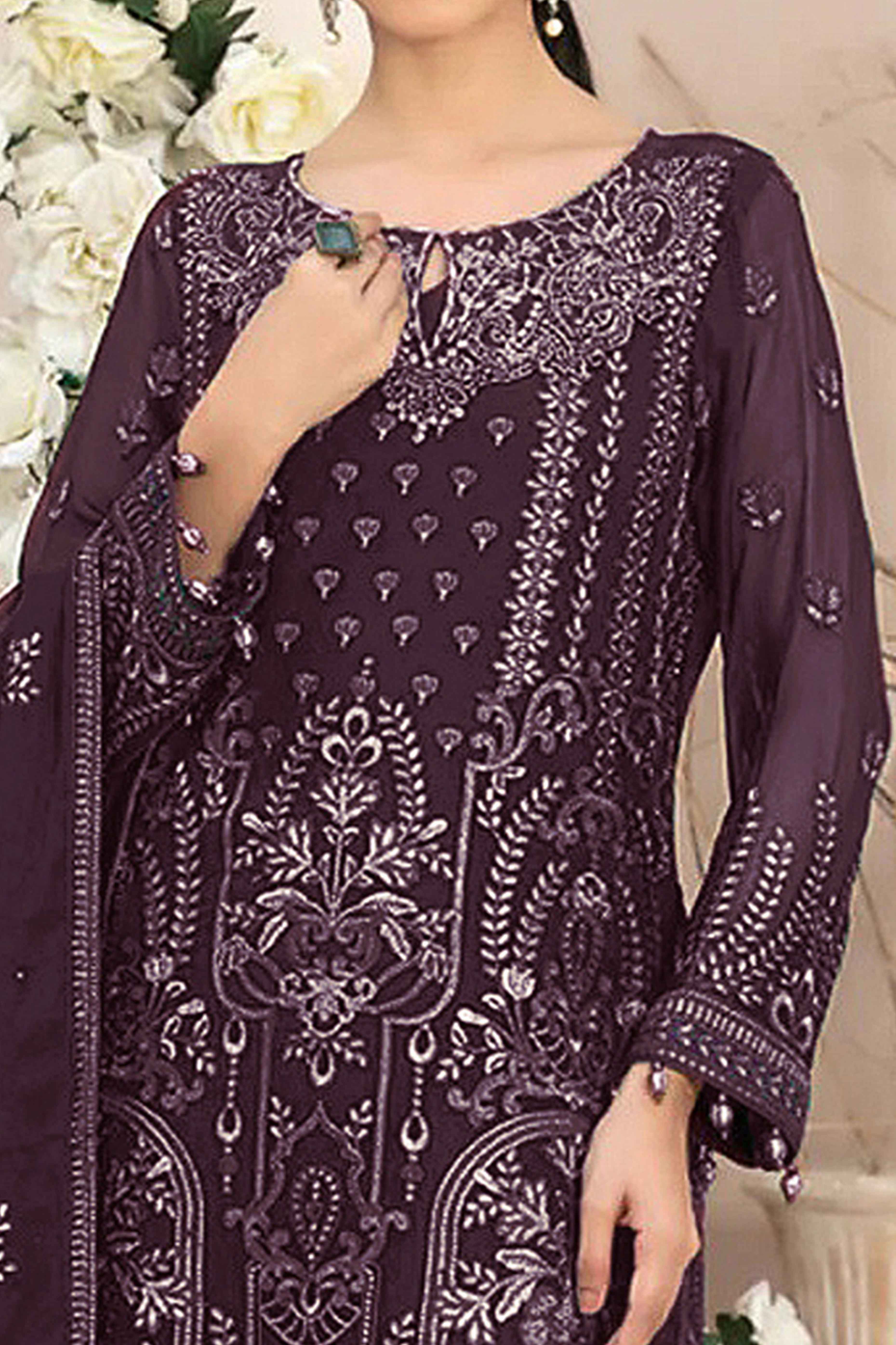 Burgundy Floral Embroidered Georgette Dress Material