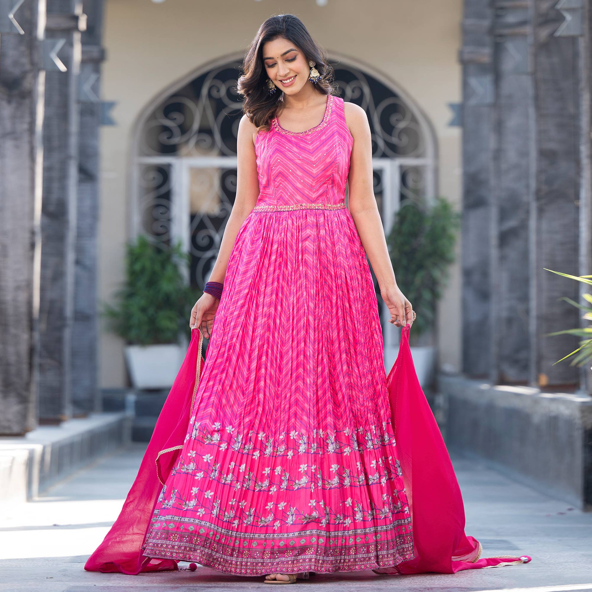 Pink Printed Dola Silk Anarkali Style Gown With Mirror Work