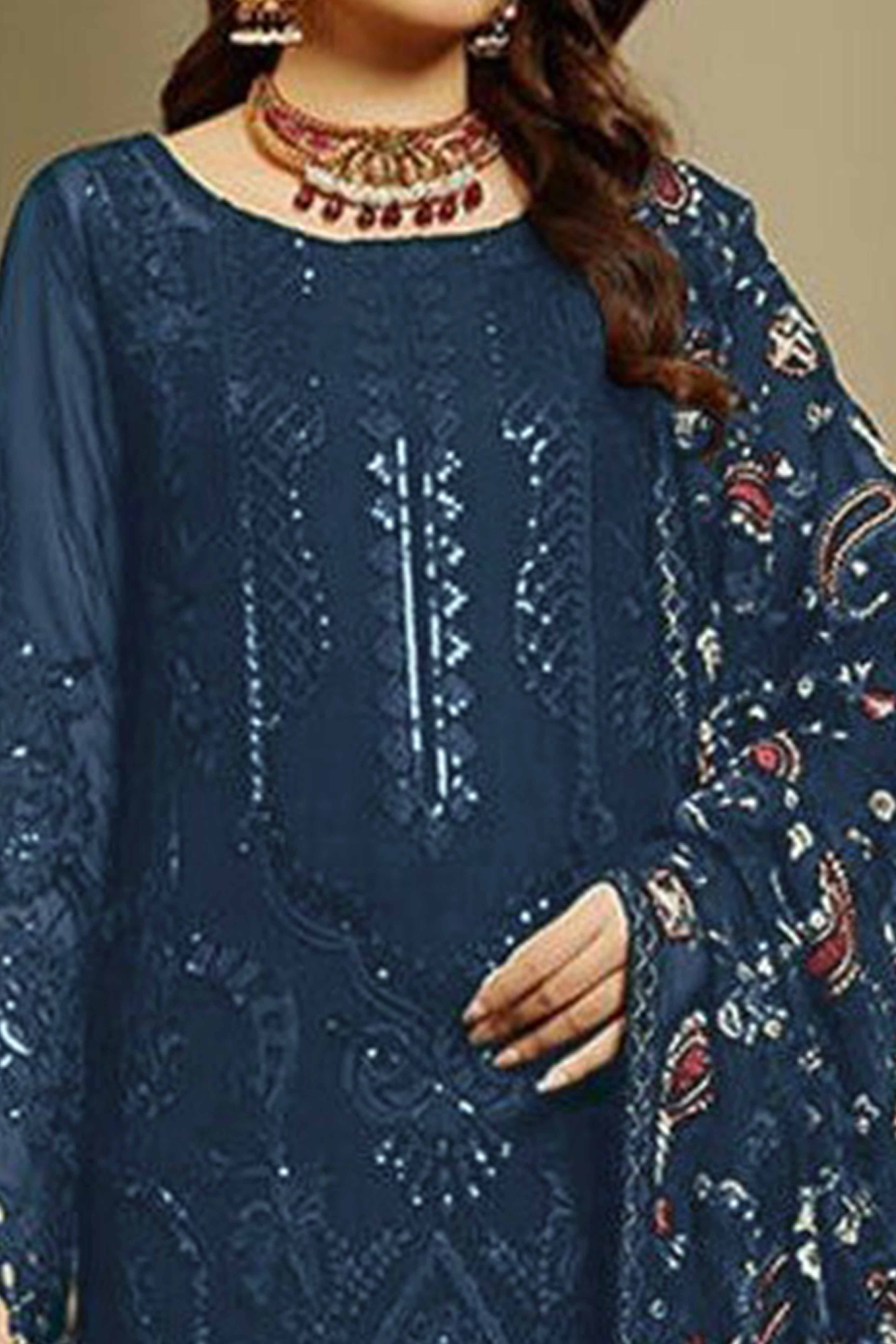 Teal Heavy Embroidered Work Georgette Dress Material