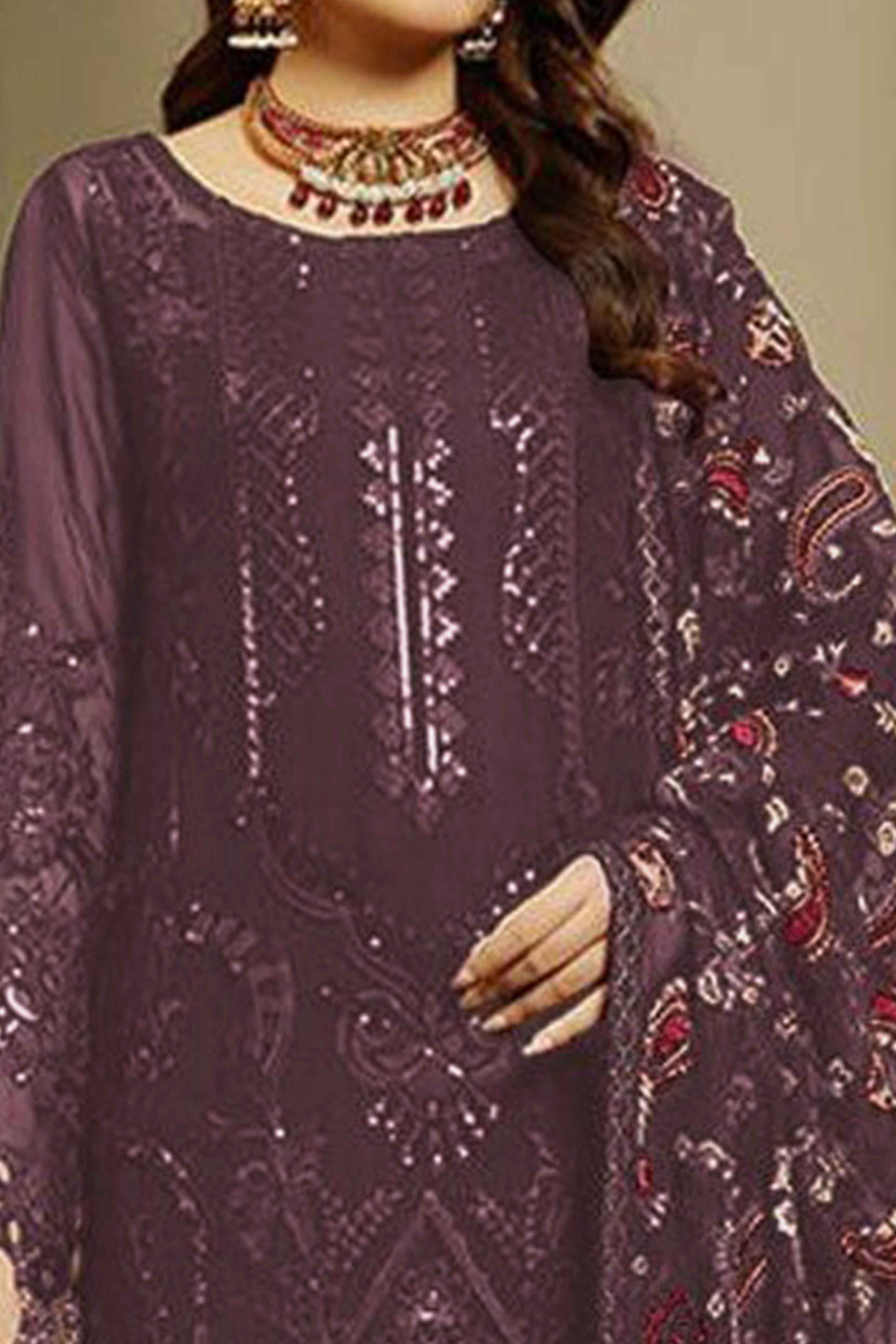 Purple Taupe Heavy Embroidered Work Georgette Dress Material