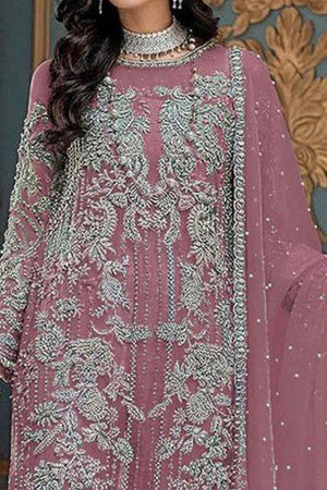 Pink Sequins Embroidered Work Net Dress Material