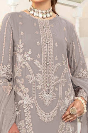 Light Grey Floral Design Dress Material Crafted from Lightweight Georgette Fabric