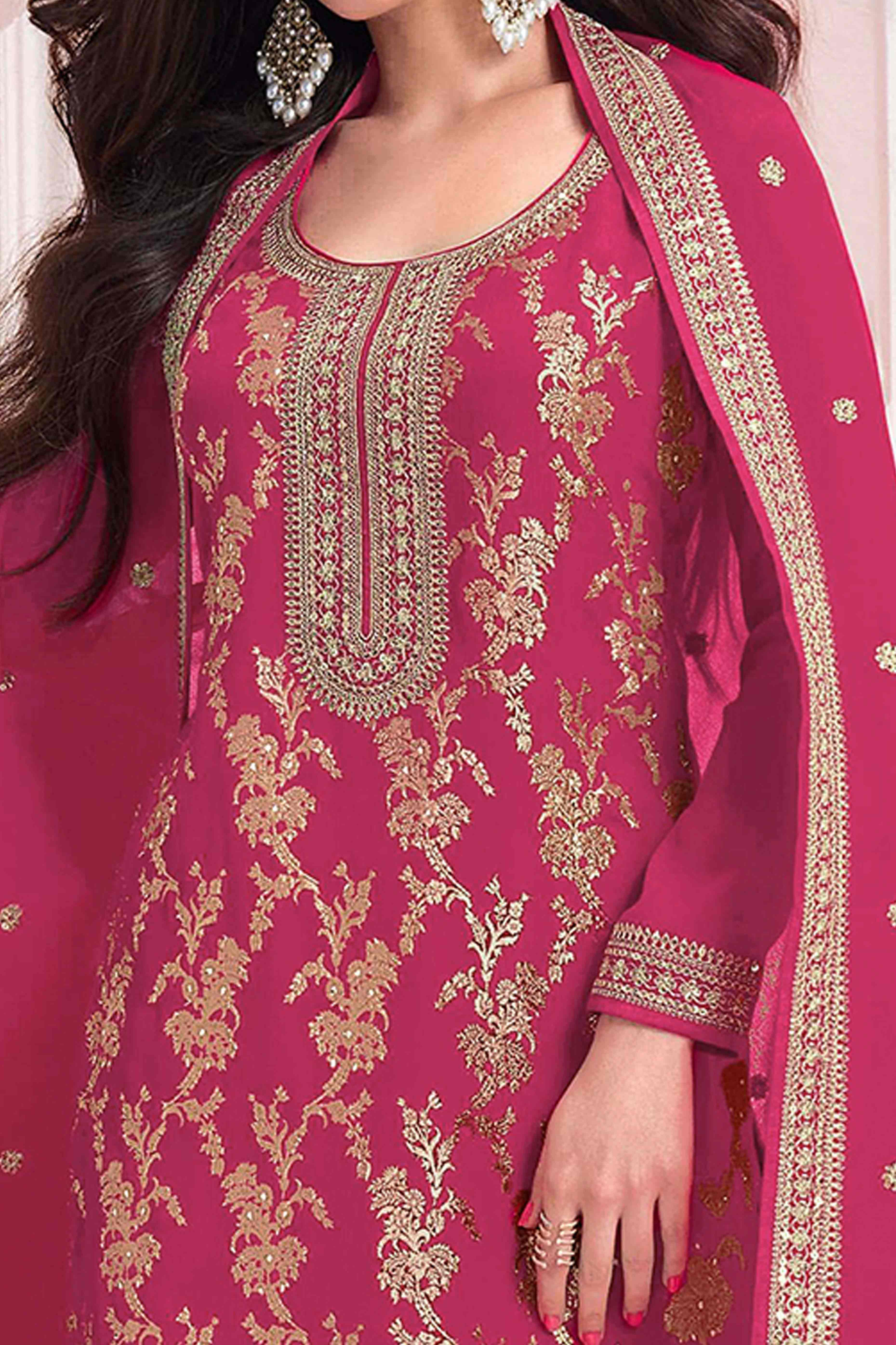 Pink Weaving With Sequins Work Dola Silk Dress Material