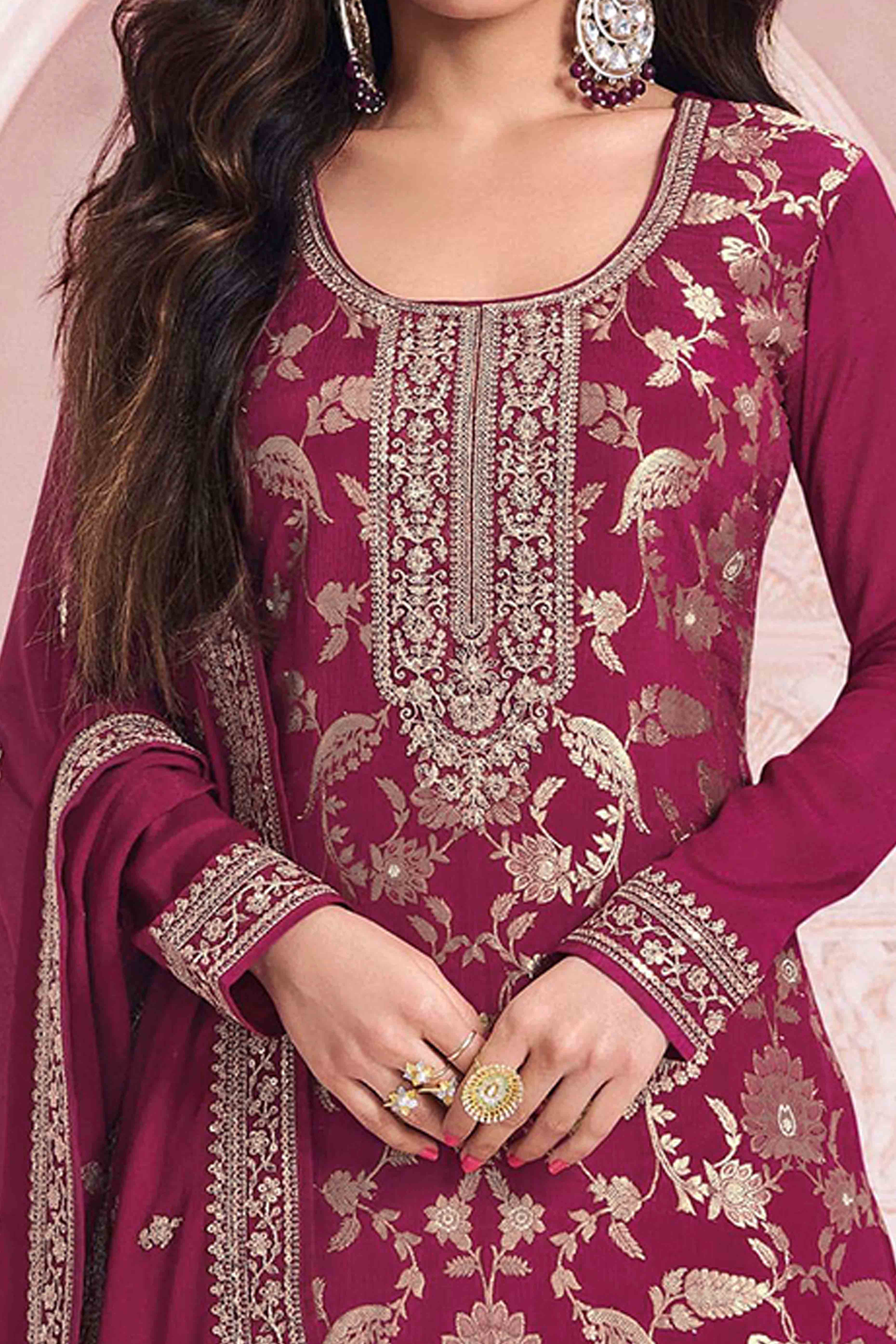 Magenta Weaving With Sequins Work Dola Silk Dress Material