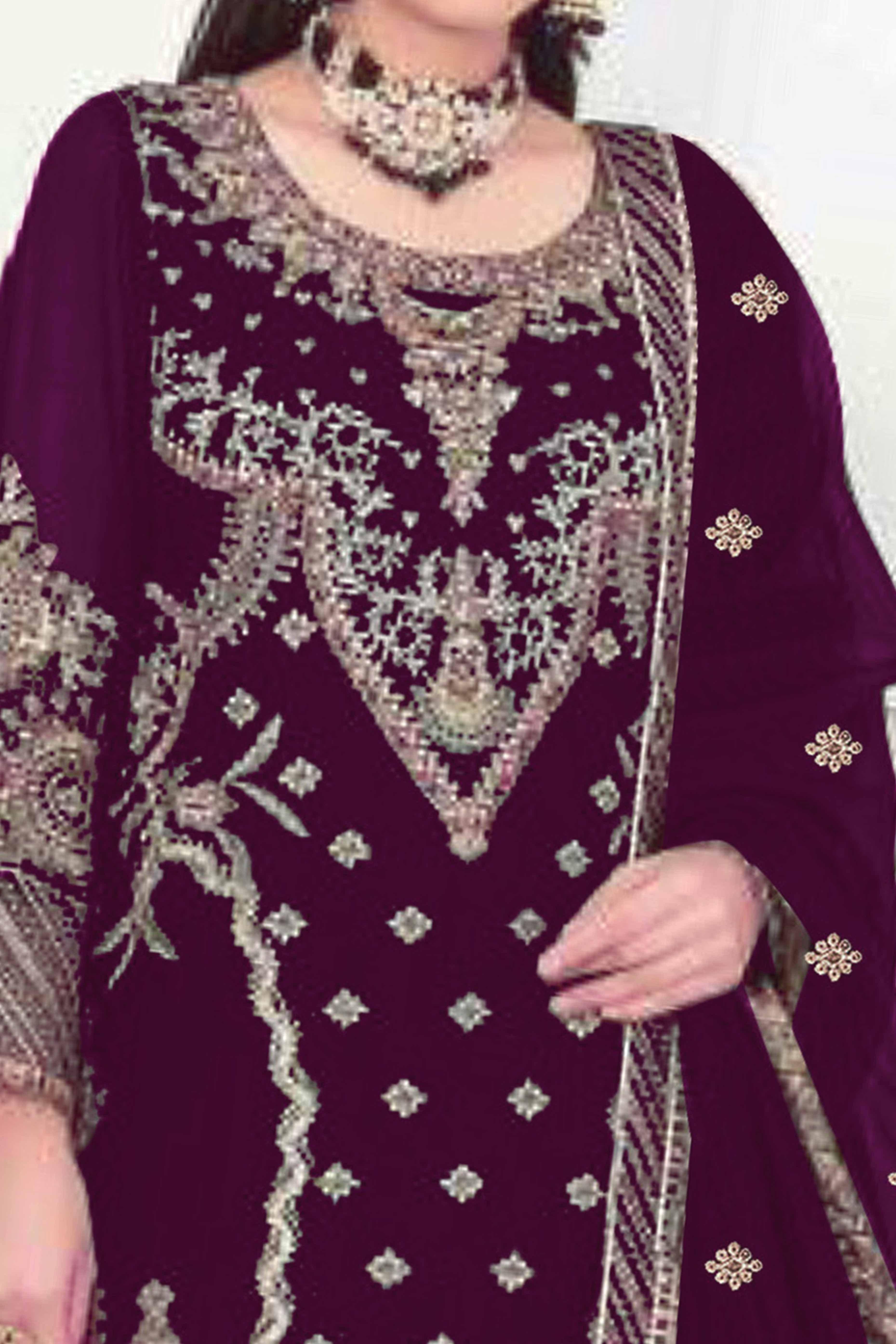 Purple Velvet Dress Material Adorned with Sequins & Thread Embroidery
