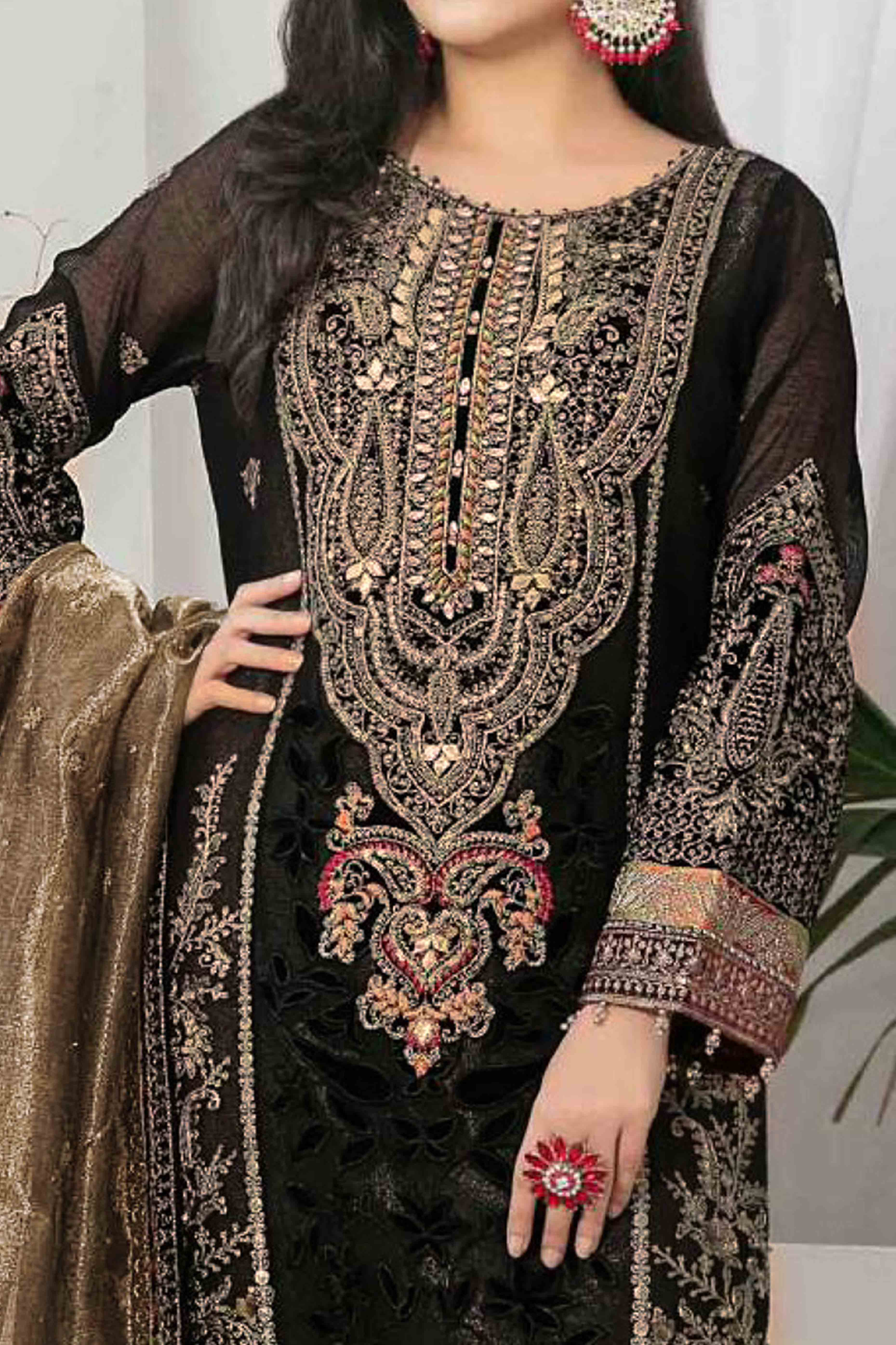 Black Velvet Dress Material Adorned with Sequins & Thread Embroidery