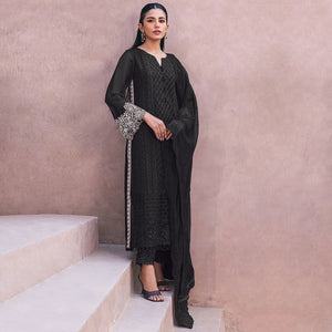 Black Sequins Embroidered Georgette Dress Material