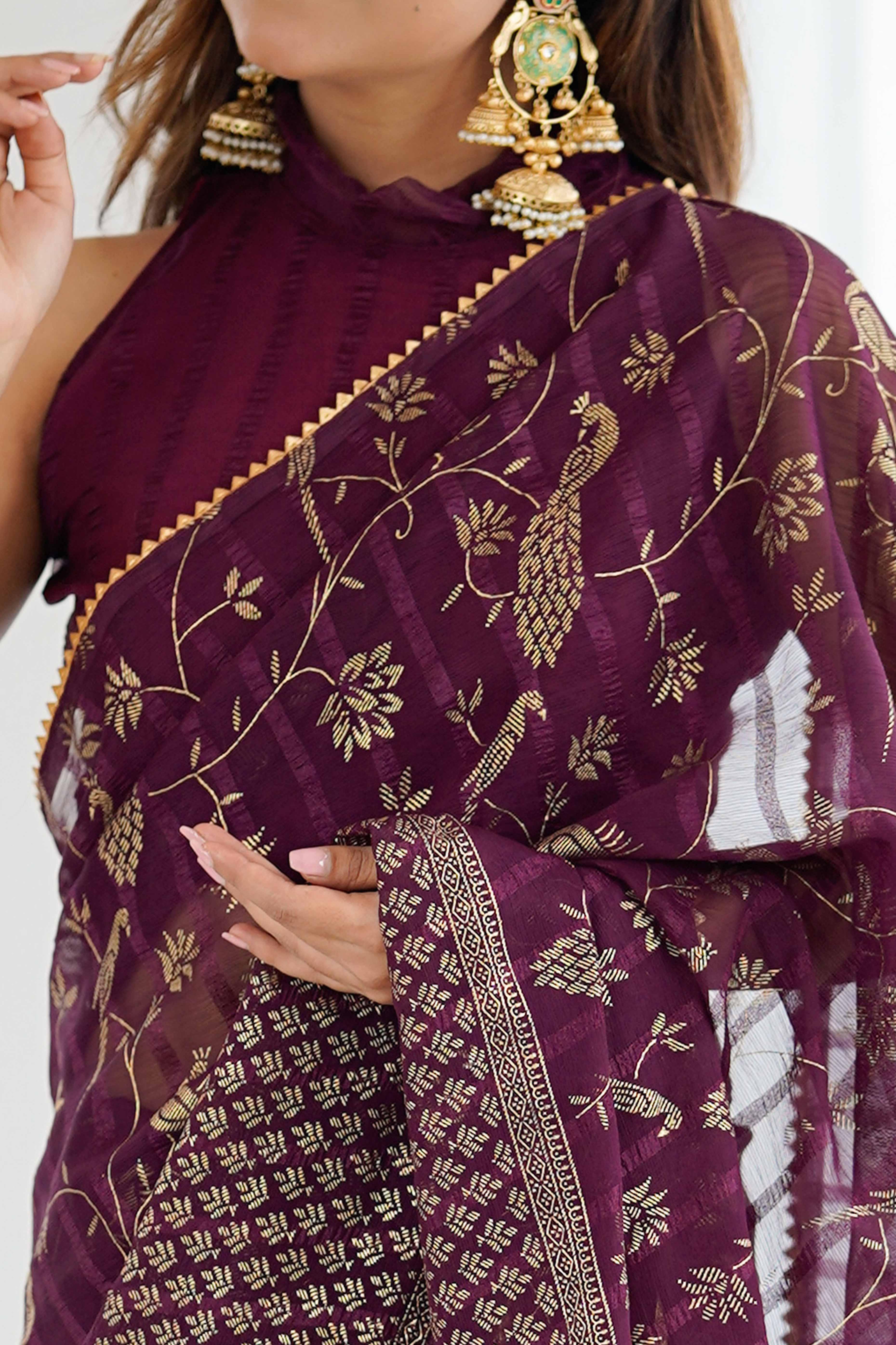 Wine Georgette Saree with Shimmering Foil Print & Gota Patti Border