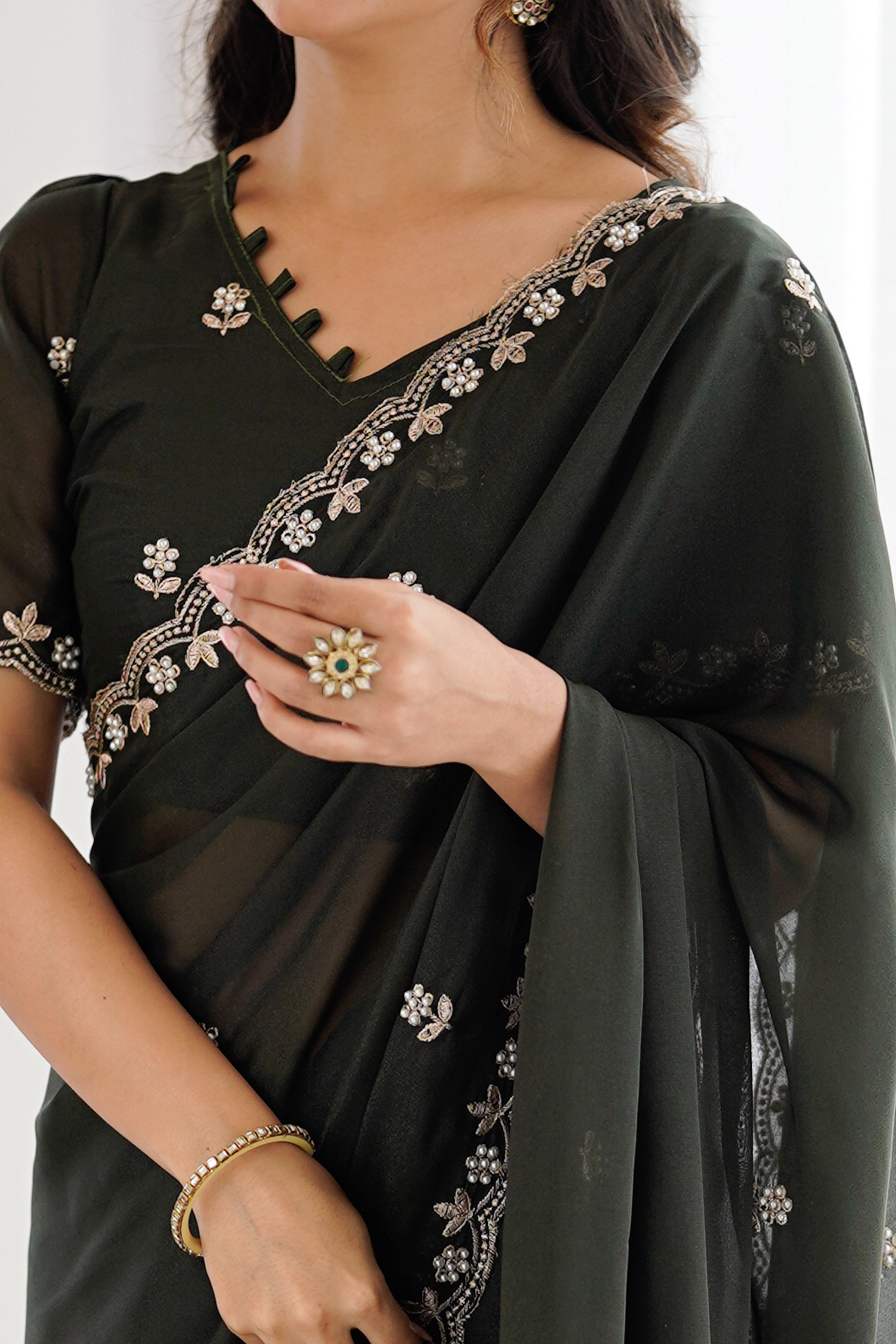 Mehendi Green Partywear Star Georgette Saree Adorned with Floral Embroidery and Beads Work