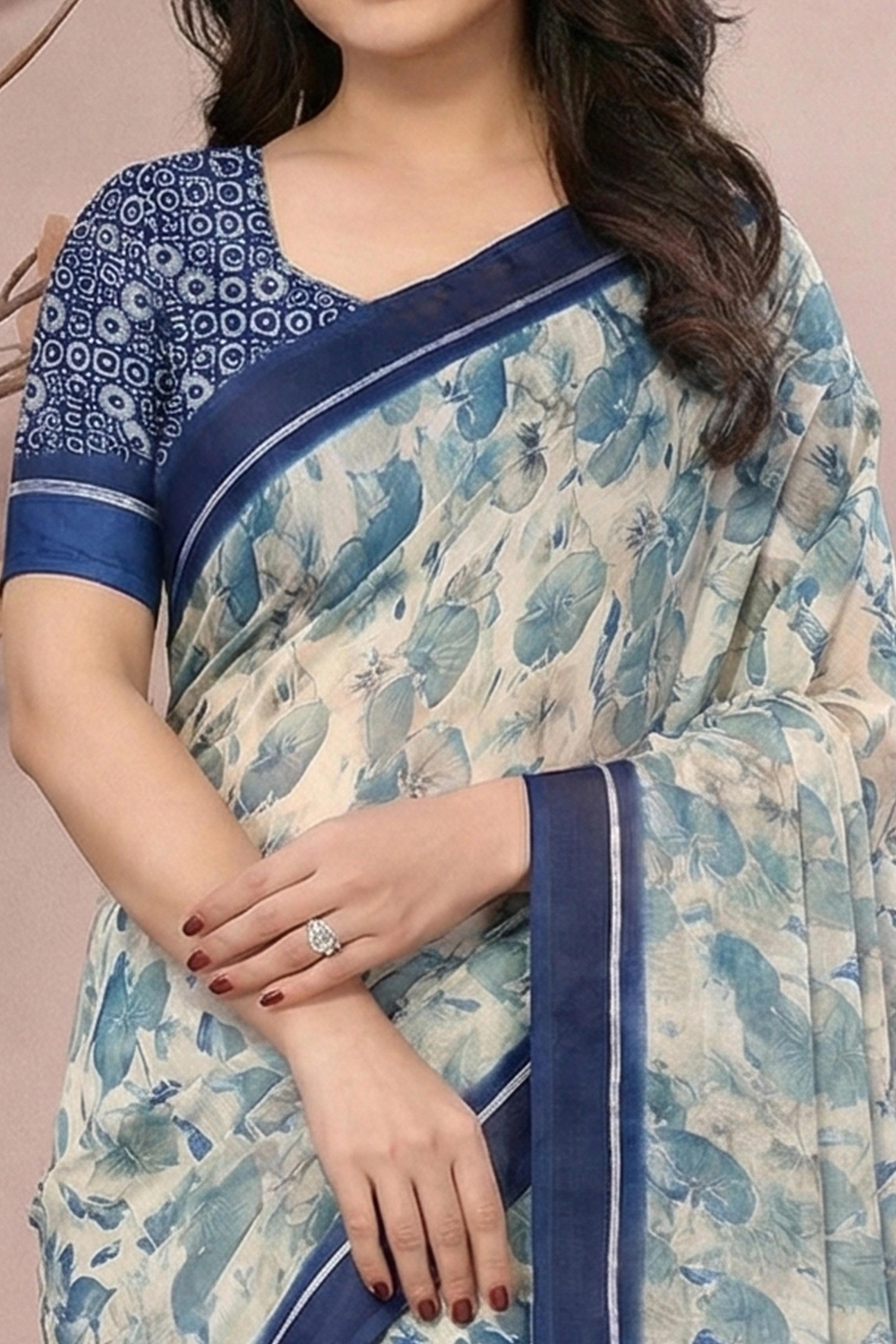Timeless Blue Leaf Printed Moss Saree With A Sophisticated Satin Patta Border