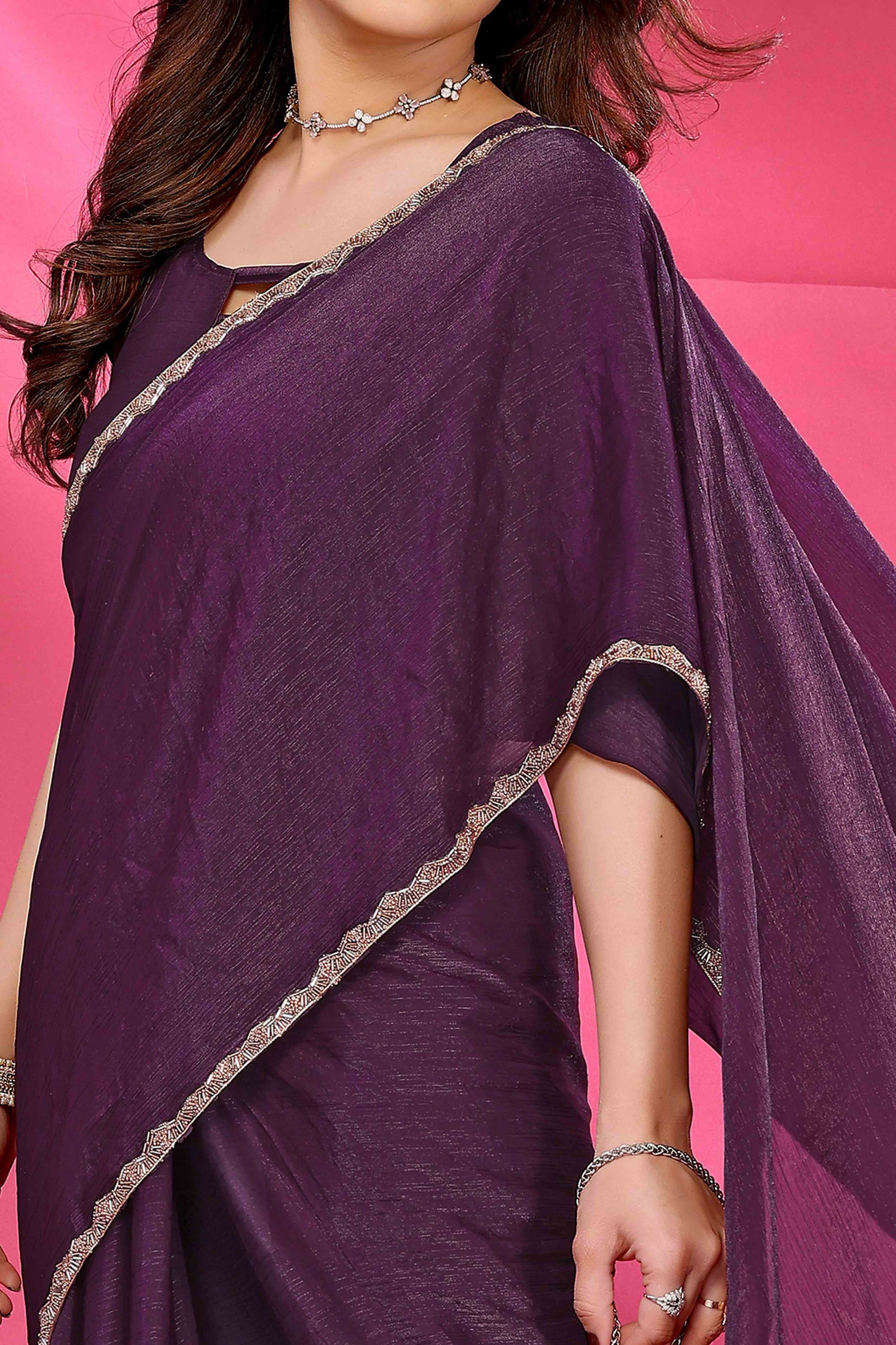 Party Wear Wine Chiffon Solid Saree with Delicate Border Embellishment