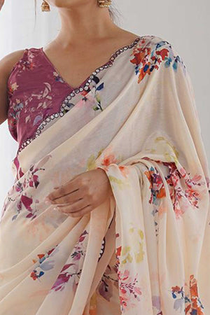 Cream Floral Digital Print Georgette Saree Enhanced With A Sparkling Lace Border