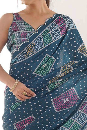 Morpich Blue Bandhani Digital Print Georgette Saree Enhanced With A Sparkling Lace Border